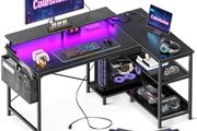 L Shaped Gaming Desk with LED Lights, 120 x 80 cm Computer Desk with Power Outlet, Reversible Corner Gaming Table with Storage Shelves &amp; Monitor Stand, Black