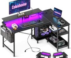L Shaped Gaming Desk with LED Lights, 120 x 80 cm Computer Desk with Power Outlet, Reversible Corner Gaming Table with Storage Shelves & Monitor Stand, Black