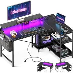 L Shaped Gaming Desk with LED Lights, 120 x 80 cm Computer Desk with Power Outlet, Reversible Corner Gaming Table with Storage Shelves & Monitor Stand, Black