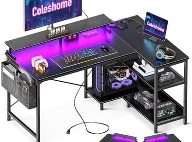 L Shaped Gaming Desk with LED Lights, 120 x 80 cm Computer Desk with Power Outlet, Reversible Corner Gaming Table with Storage Shelves & Monitor Stand, Black