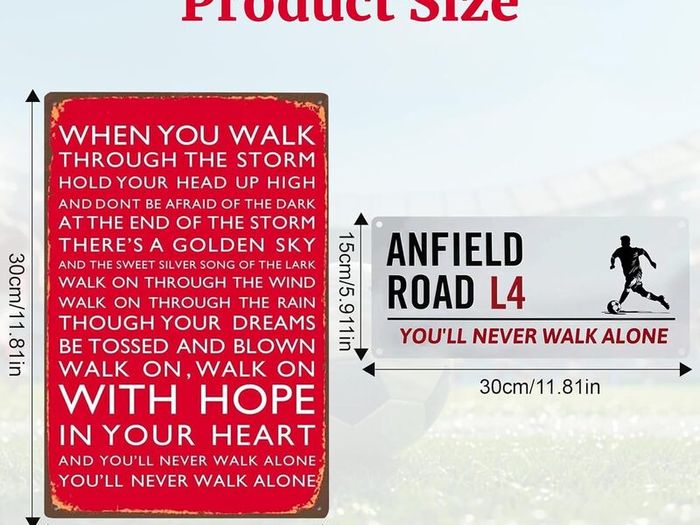 2Pcs Football Club Sign for Liverpool, Metal Sign Liverpool Gifts for Men Boys, Tin Sign Metal Poster Wall Art Liverpool Football Club Chant - Anfield Road L4 You'll Never Walk Alone
