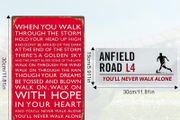 2Pcs Football Club Sign for Liverpool, Metal Sign Liverpool Gifts for Men Boys, Tin Sign Metal Poster Wall Art Liverpool Football Club Chant - Anfield Road L4 You'll Never Walk Alone
