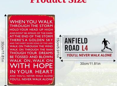 2Pcs Football Club Sign for Liverpool, Metal Sign Liverpool Gifts for Men Boys, Tin Sign Metal Poster Wall Art Liverpool Football Club Chant - Anfield Road L4 You'll Never Walk Alone