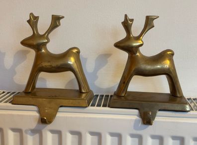 Vintage Brass Reindeer Christmas Stocking Holders