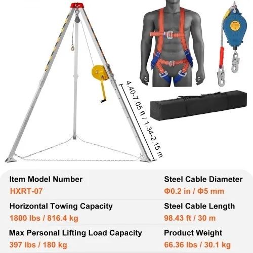 Confined Space Tripod Kit, 816.4 kg Winch, Confined Space Tripod 2.13 m Legs and 30 m Cable, Confined Space Rescue Tripod 10 m Fall Protection
