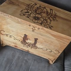 Wooden storage box with pyrography horse design