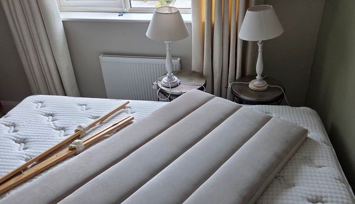 King size bed + headboard + mattress + bedside tables + lamps