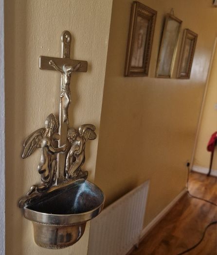 Antique  Brass Angel Holy Water Font Religious Wall Art