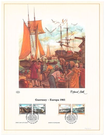1983 Guernsey Limited Edition Lithographed Print measuring 333mm X 257mm showing Europa: Great Works of Human Genius Commemorative stamps First Day of Issue Cancel