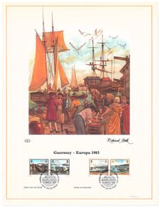 1983 Guernsey Limited Edition Lithographed Print measuring 333mm X 257mm showing Europa: Great Works of Human Genius Commemorative stamps First Day of Issue Cancel