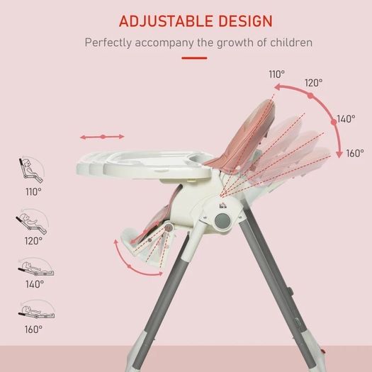 Foldable Baby High Chair Convertible Feeding Chair Height Adjustable with Adjustable Backrest Footrest and Removable Tray 5 Point Safety Harness for Kids 6 - 36 Months Pink (FREE POSTAGE)
