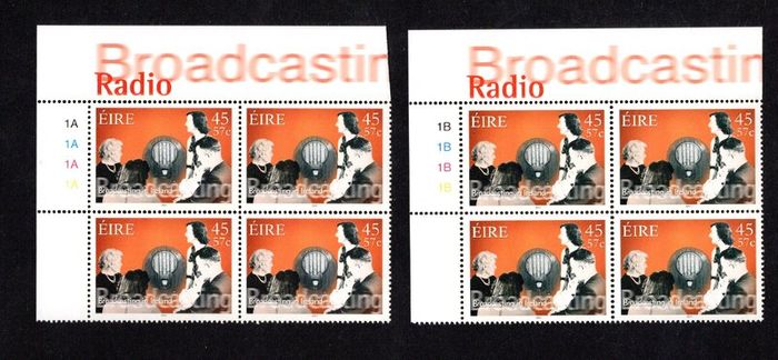 2001 Ireland Broadcasting in Ireland Commemorative Stamps Plate Blocks 1A1A1A1A & 1B1B1B1B Mint Never Hinged (MNH)