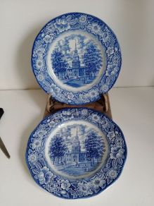 Pair blue transferware plates