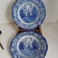 Pair blue transferware plates
