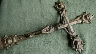 Antique Brass 15" high Art Nouveau Altar Standing Cross Crucifix
