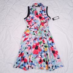 Karl Lagerfeld Multi-Color Red Blue Floral Waist Tie Sleeveless Dress 8UK/36EU/4US