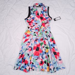 Karl Lagerfeld Multi-Color Red Blue Floral Waist Tie Sleeveless Dress 8UK/36EU/4US