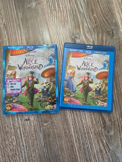 Alice in Wonderland (Johnny Depp) - 3-Disc Combo Pack (Blu-ray, DVD, Digital) lice in Wonderland, Johnny Depp, Tim Burton, Blu-ray Combo Pack, Disney Blu-ray, DVD, Fantasy Movie, Family Movie, Mad Hatter, Movie Collection, Disney Movies.