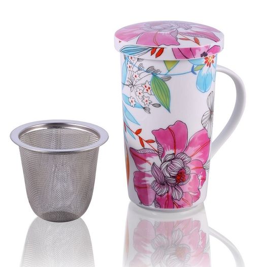 Large Tea Mug with Infuser White Flowers 350ml