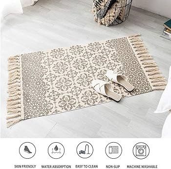 FREE EXPRESS SHIPPING Beige Rug Cotton Area Rug Bedroom Cream Floral Printed Moroccan Rug with Tassel 60x90cm Machine Washable Small Rug Hand Woven Carpet for Living Room, Kitchen,Hallway