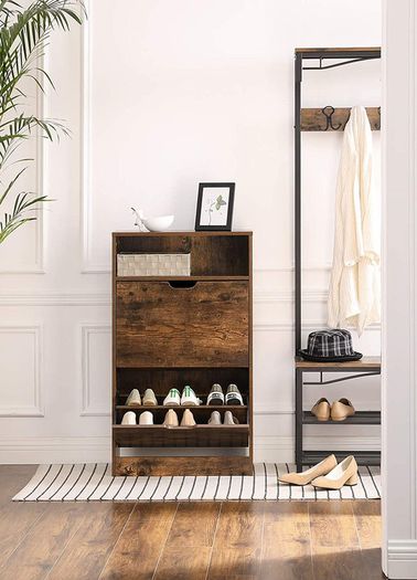 Shoe cabinet with 2 flaps, shoe rack, shoe tipper, shoe chest with 2 compartments, shoe racks, in the hallway, for 8-12 pairs of shoes, space-saving, 60 x 30 x 95 cm, vintage brown-black