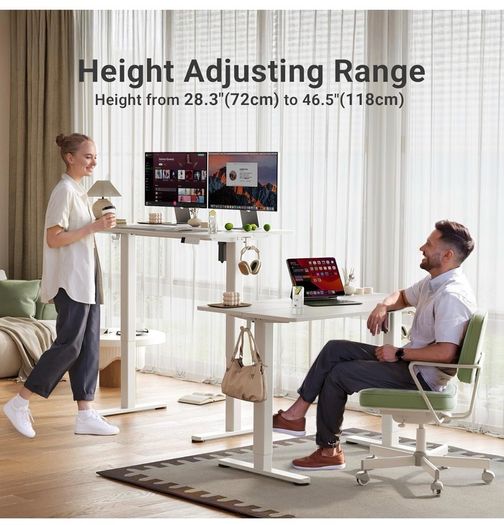 Electric Standing Desk 120 x 60cm, Height Adjustable Sit Stand Desk with 3 Memory Presets, Home Office Desk with Anti-Collision System, Quiet Motor, 2 Hooks, White