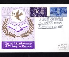 1970 Great Britain Illustrated cover Celebrating 25th Anniversary of VE (Victory in Europe) Day trying 2 1/d & 3d 1946 Victory Commemorative Stamps