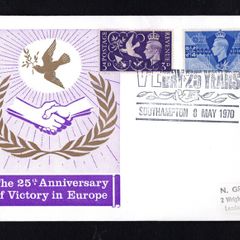 1970 Great Britain Illustrated cover Celebrating 25th Anniversary of VE (Victory in Europe) Day trying 2 1/d & 3d 1946 Victory Commemorative Stamps