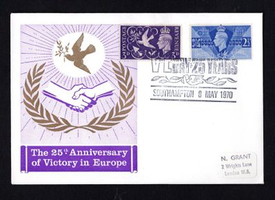 1970 Great Britain Illustrated cover Celebrating 25th Anniversary of VE (Victory in Europe) Day trying 2 1/d & 3d 1946 Victory Commemorative Stamps