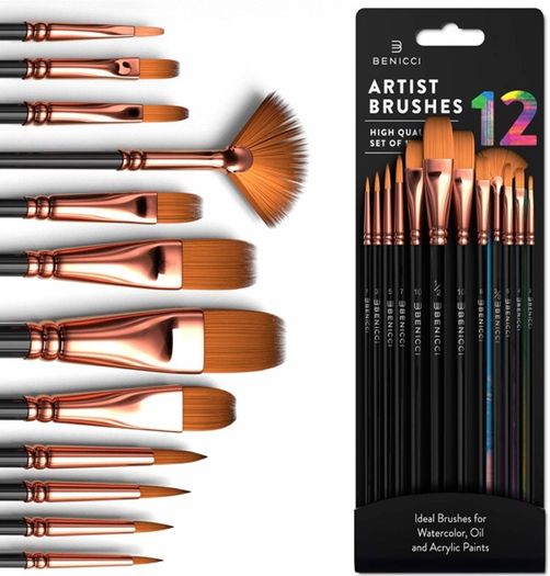 Professional Paint Brush Set of 12 - Artist Paintbrush Kit for Canvas, Gouache, and Fabric