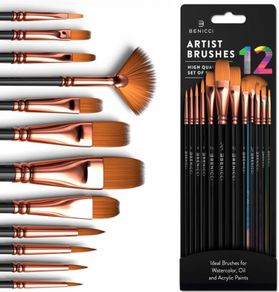 Professional Paint Brush Set of 12 - Artist Paintbrush Kit for Canvas, Gouache, and Fabric
