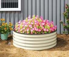 Galvanised Raised Garden Bed with Safety Edging, Outdoor Raised Planter Box with Gloves, 120 x 120 x 43cm, Cream White