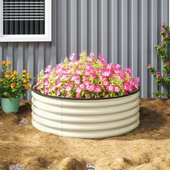 Galvanised Raised Garden Bed with Safety Edging, Outdoor Raised Planter Box with Gloves, 120 x 120 x 43cm, Cream White