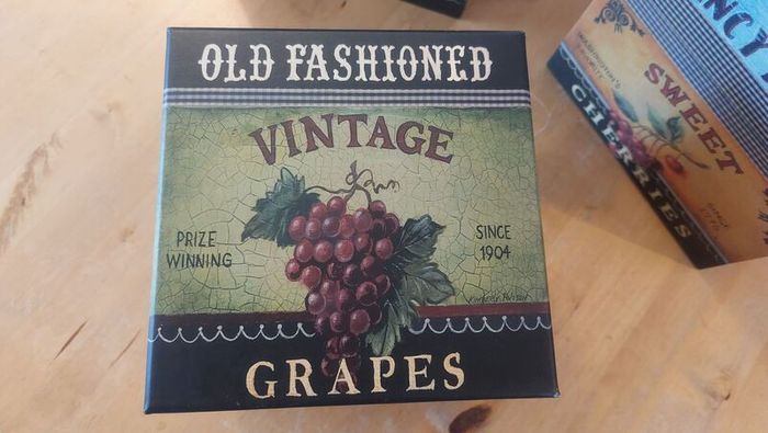 Fabulous Set of Three Large Graduated Stackable Nesting Storage Boxes by Quality Manufacturer Bob's Boxes/Lang Paper Co. with "Fancy Fruits" Artwork by Kimberly Poloson