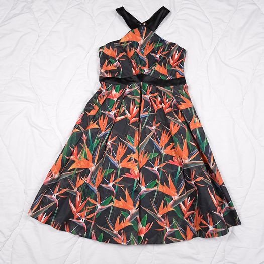Karen Millen Black Orange Bird of Paradise Floral Halter Neck Fit and Flare Dress 14UK/42EU
