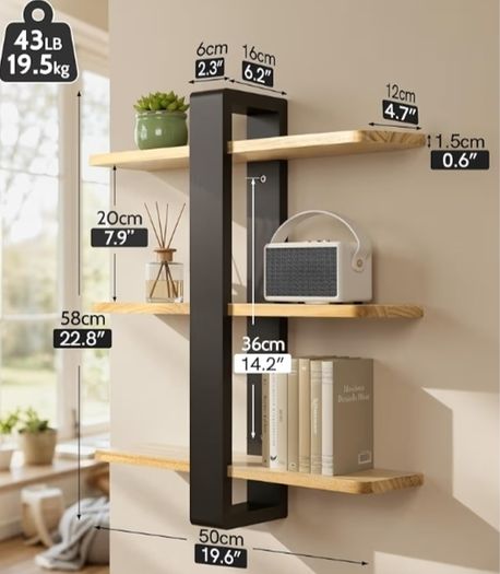 Floating Shelves for Wall Mounted Shelving Unit All Pine Wood 50CM 3 Tier Large Shelf for Bedroom Living Room Office Bathroom Home Decoration Storage Plant Photo Display