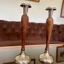 Vintage Tall Pair of Silver Metal and Wooden Candlestick Holders Image 7