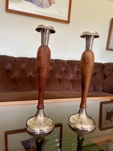 Vintage Tall Pair of Silver Metal and Wooden Candlestick Holders