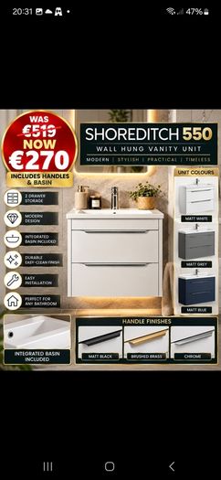 Shoreditch 550 two drawer wall hung unit and basin massive saving