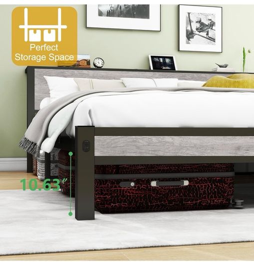 King Size Bed Frame with Storage Wooden Headboard