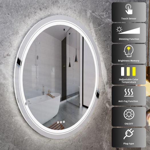 24x32 inch Oval LED Bathroom Mirror Dimmable Light Wall Mounted Makeup Mirror with Demist Illuminated Vanity Mirror