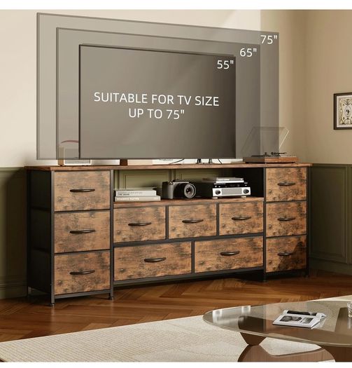 Tv Cabinet, Dresser for Bedroom with 11 Fabric Drawers, TV Stand with Power Socket for TVs up to 70 inch TV Units for Living Room, Bedroom, Rustic Brown