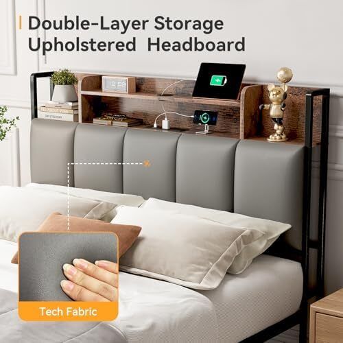 LED Double Bed Frame with Charging Station with Storage Upholstered Headboard 135x190cm