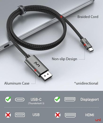 uni USB C to DisplayPort Cable (4K@60Hz, 2K@165Hz), Sturdy Aluminum USB Type C Thunderbolt 3/4 to DP Cable Compatible for iPhone 15 Pro Max, MacBook Pro/Air, iPad Pro, iMac, XPS, S23 etc. 1.8m.