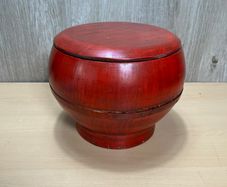 Vintage Chinese Red Lacquer Wood Rice Basket Food Carrier Bowl