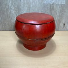 Vintage Chinese Red Lacquer Wood Rice Basket Food Carrier Bowl