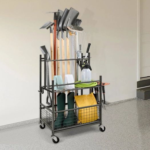 Garden Tool Organizer, 16 Slots with Hooks, Yard Tool Tower Rack with Wheels for Garage Organization and Storage, Hold Long-Handled Tool/Rake/Broom, Metal Tool Stand Holder for Shed, Outdoor