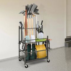 Garden Tool Organizer, 16 Slots with Hooks, Yard Tool Tower Rack with Wheels for Garage Organization and Storage, Hold Long-Handled Tool/Rake/Broom, Metal Tool Stand Holder for Shed, Outdoor