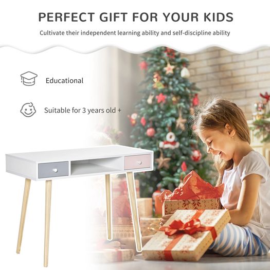 Kids Wooden Study Table Writing Desk with Drawer Ergonomic 39 x 19 x 30 White and Pink