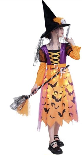 Witch costume with lights, Halloween, girl costume, carnival, cosplay, princess dress with witch broom and hat